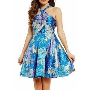 Badgley Mischka Blue Floral Halter Mini Dress